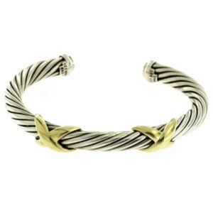 ( DAVID YURMAN ) AUTHENTIC 925 Silver 14K Gold Double "X" Cuff Bracelet